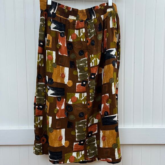 Maren Vintage Button Front Midi Skirt Brown Abstract Art To Wear Cottagecore - Picture 3 of 9